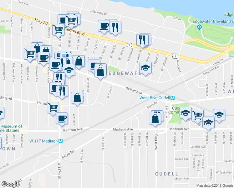 map of restaurants, bars, coffee shops, grocery stores, and more near 10603 Detroit Avenue in Cleveland