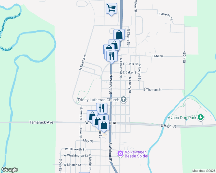 map of restaurants, bars, coffee shops, grocery stores, and more near 514 North Walnut Street in Avoca