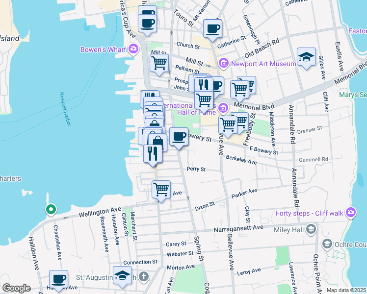 map of restaurants, bars, coffee shops, grocery stores, and more near 16 Anthony Street in Newport