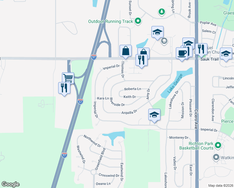map of restaurants, bars, coffee shops, grocery stores, and more near 5249 Keith Drive in Richton Park