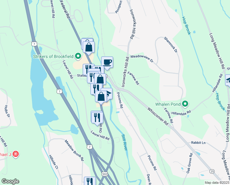 map of restaurants, bars, coffee shops, grocery stores, and more near 176 Pocono Road in Brookfield