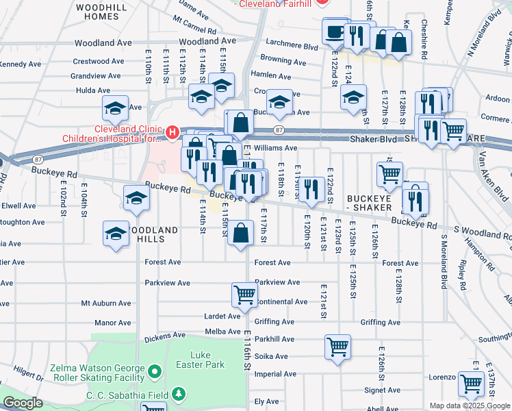 map of restaurants, bars, coffee shops, grocery stores, and more near 11608 Buckeye Road in Cleveland