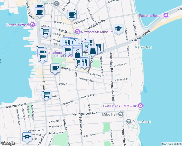 map of restaurants, bars, coffee shops, grocery stores, and more near 24 East Bowery Street in Newport