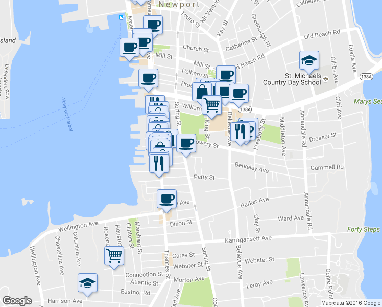 map of restaurants, bars, coffee shops, grocery stores, and more near 16 Anthony Street in Newport