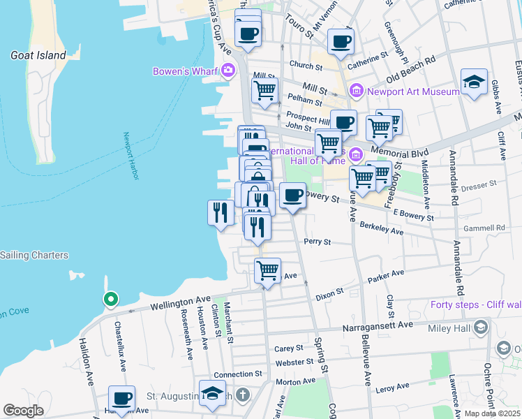 map of restaurants, bars, coffee shops, grocery stores, and more near 448 Thames Street in Newport