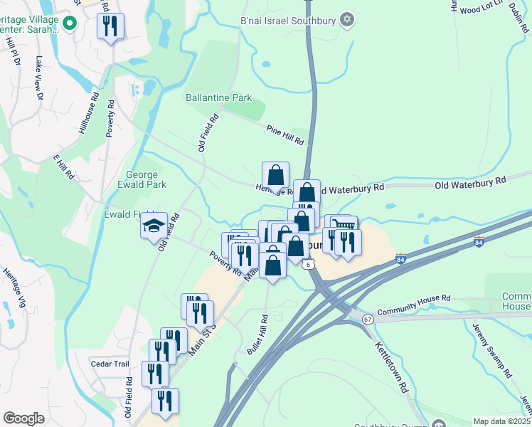 map of restaurants, bars, coffee shops, grocery stores, and more near 55 Heritage Road in Southbury