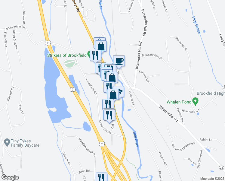 map of restaurants, bars, coffee shops, grocery stores, and more near 791 Federal Road in Brookfield