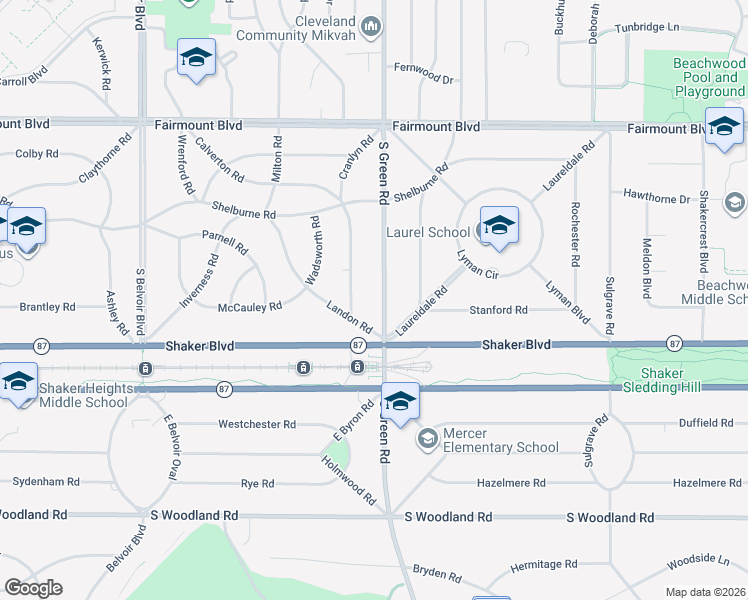 map of restaurants, bars, coffee shops, grocery stores, and more near 2730 Green Road in Shaker Heights