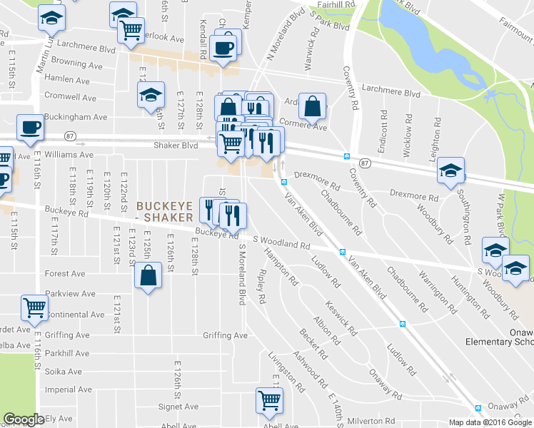 map of restaurants, bars, coffee shops, grocery stores, and more near 2840 Ludlow Road in Cleveland