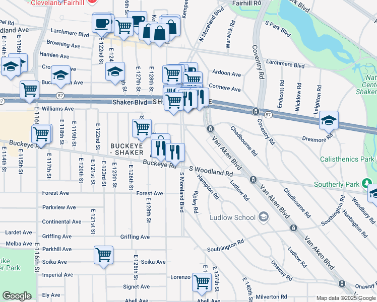 map of restaurants, bars, coffee shops, grocery stores, and more near 2840 Ludlow Road in Cleveland