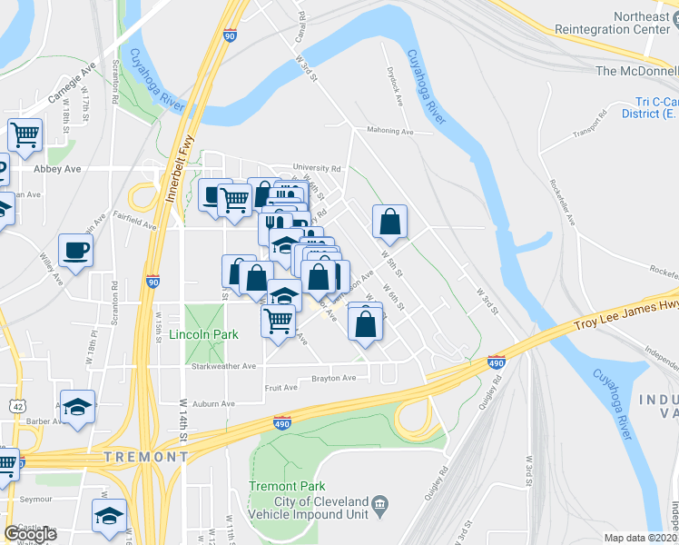 map of restaurants, bars, coffee shops, grocery stores, and more near 2346 West 7th Street in Cleveland
