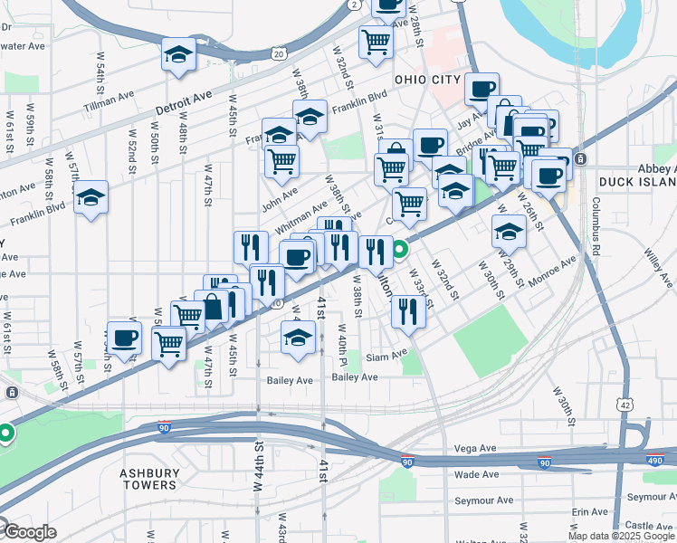 map of restaurants, bars, coffee shops, grocery stores, and more near 3818 Lorain Avenue in Cleveland