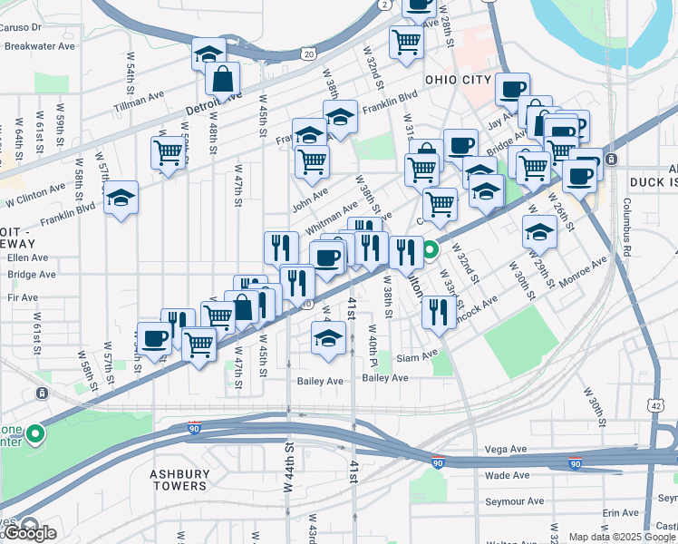 map of restaurants, bars, coffee shops, grocery stores, and more near 1943 Randall Road in Cleveland