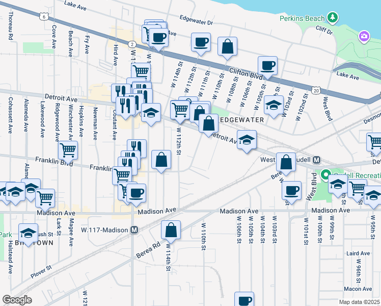 map of restaurants, bars, coffee shops, grocery stores, and more near 1438 West 110th Street in Cleveland