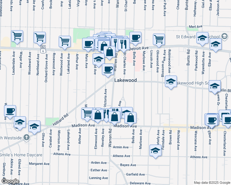 map of restaurants, bars, coffee shops, grocery stores, and more near 1545 Warren Road in Lakewood