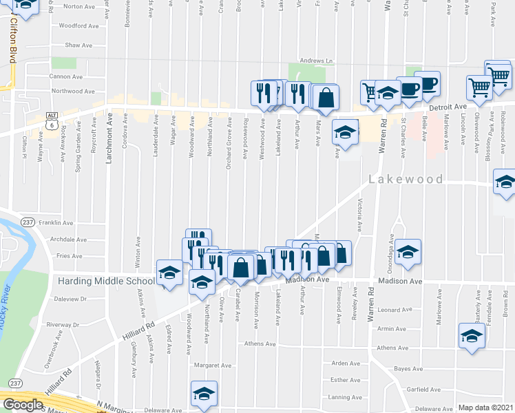 map of restaurants, bars, coffee shops, grocery stores, and more near 1549 Westwood Avenue in Lakewood