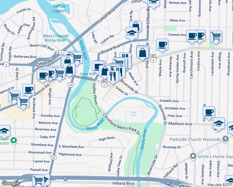 map of restaurants, bars, coffee shops, grocery stores, and more near 1426 Graber Drive in Lakewood