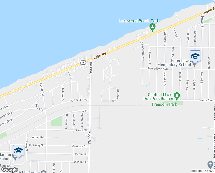 map of restaurants, bars, coffee shops, grocery stores, and more near 100 Mariner's Circle in Sheffield Lake