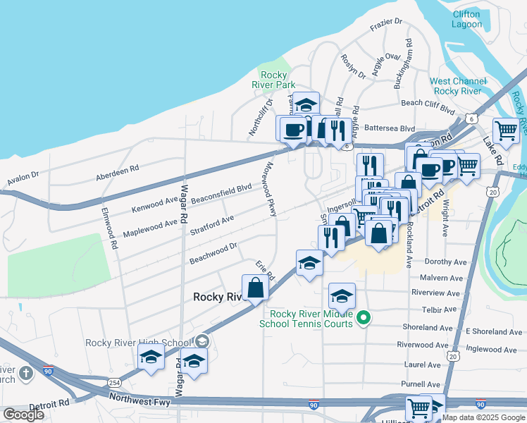 map of restaurants, bars, coffee shops, grocery stores, and more near 20562 Stratford Avenue in Rocky River