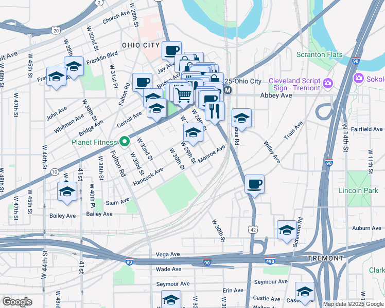 map of restaurants, bars, coffee shops, grocery stores, and more near 2200 West 28th Street in Cleveland