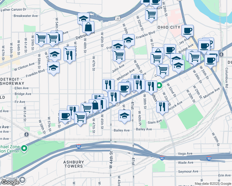map of restaurants, bars, coffee shops, grocery stores, and more near 4217 Bridge Avenue in Cleveland