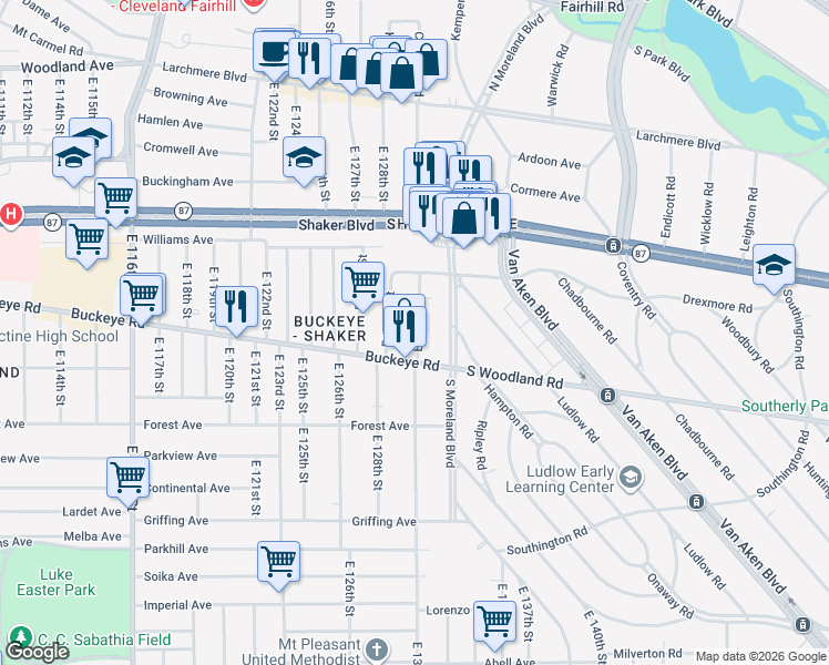 map of restaurants, bars, coffee shops, grocery stores, and more near East 130th Street in Cleveland
