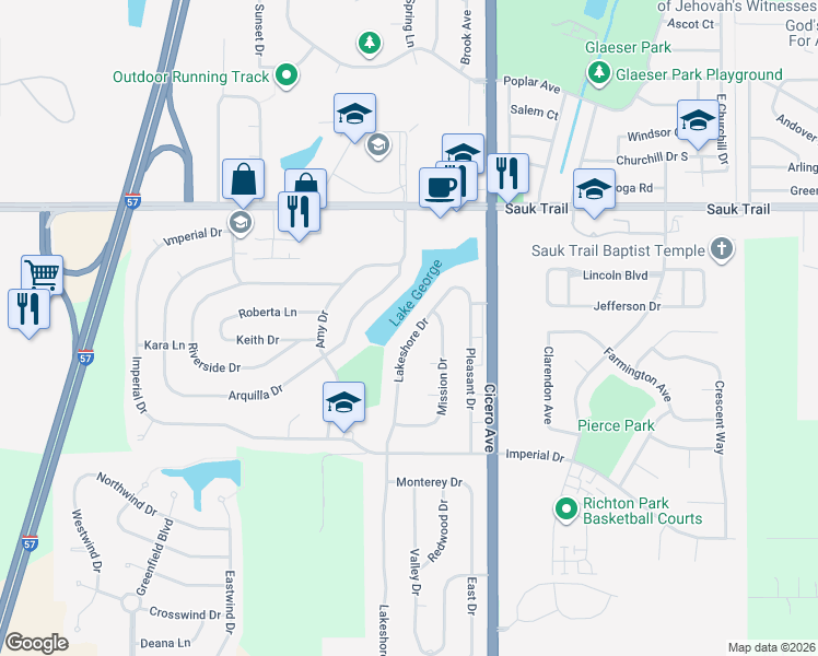 map of restaurants, bars, coffee shops, grocery stores, and more near 22500 Lakeshore Drive in Richton Park