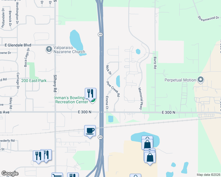 map of restaurants, bars, coffee shops, grocery stores, and more near 1401-1449 Pine Creek Rd in Valparaiso