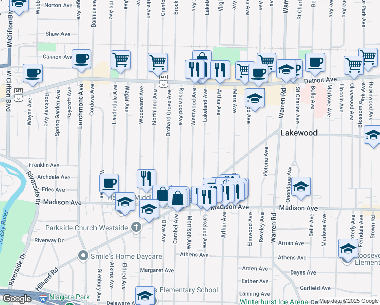 map of restaurants, bars, coffee shops, grocery stores, and more near 1556 Westwood Avenue in Lakewood