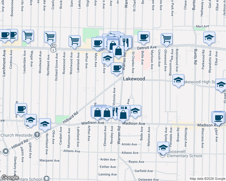 map of restaurants, bars, coffee shops, grocery stores, and more near 1561 Victoria Avenue in Lakewood