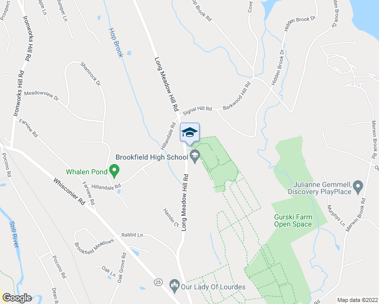 map of restaurants, bars, coffee shops, grocery stores, and more near 45 Long Meadow Hill Road in Brookfield
