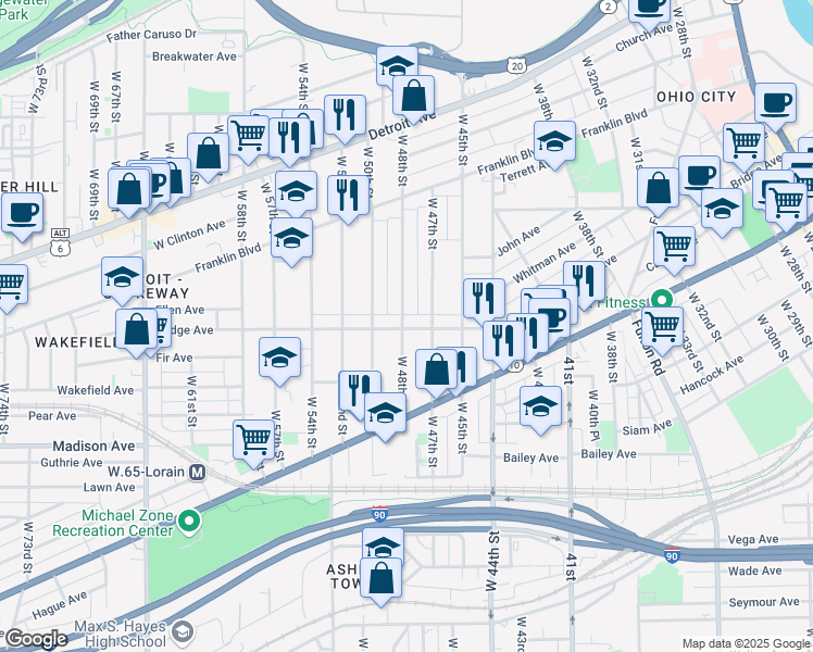map of restaurants, bars, coffee shops, grocery stores, and more near 4730 Bridge Avenue in Cleveland