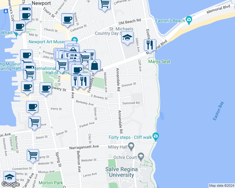 map of restaurants, bars, coffee shops, grocery stores, and more near 45 Annandale Road in Newport