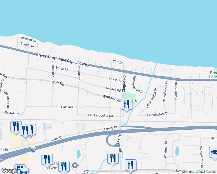 map of restaurants, bars, coffee shops, grocery stores, and more near 477 Fordham Parkway in Bay Village