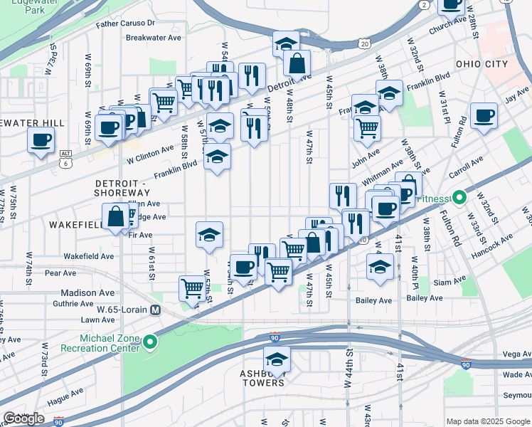 map of restaurants, bars, coffee shops, grocery stores, and more near 5004 Bridge Ave in Cleveland