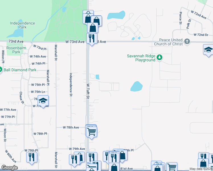 map of restaurants, bars, coffee shops, grocery stores, and more near 2021 75th Place in Merrillville