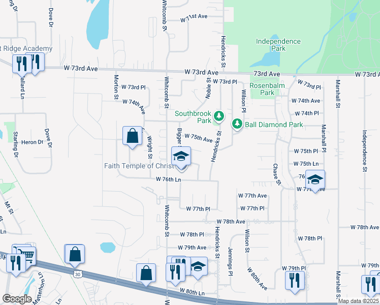 map of restaurants, bars, coffee shops, grocery stores, and more near 3745 West 75th Court in Merrillville