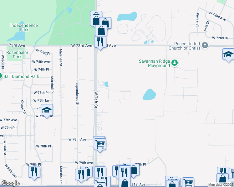 map of restaurants, bars, coffee shops, grocery stores, and more near 2021 75th Place in Merrillville
