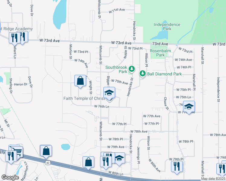 map of restaurants, bars, coffee shops, grocery stores, and more near 3755 West 75th Court in Merrillville