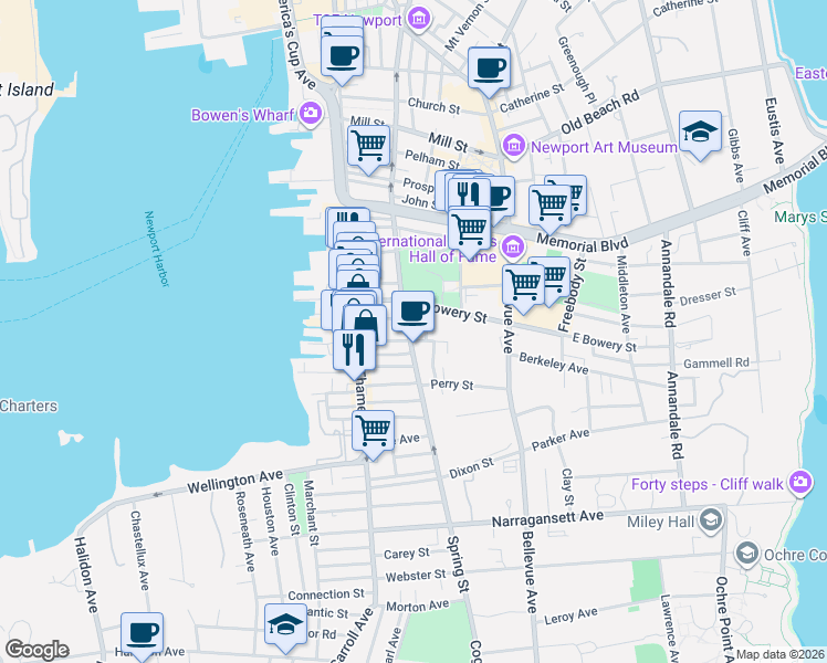 map of restaurants, bars, coffee shops, grocery stores, and more near 16 Anthony Street in Newport