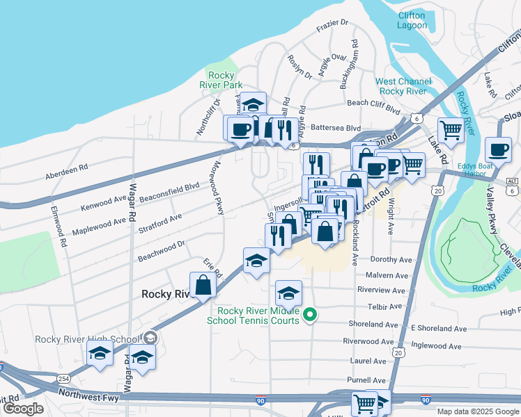 map of restaurants, bars, coffee shops, grocery stores, and more near 1110 Smith Court in Rocky River