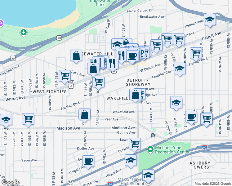 map of restaurants, bars, coffee shops, grocery stores, and more near 6909 Franklin Boulevard in Cleveland