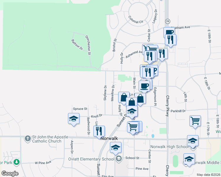 map of restaurants, bars, coffee shops, grocery stores, and more near 1304 Skylane Drive in Norwalk