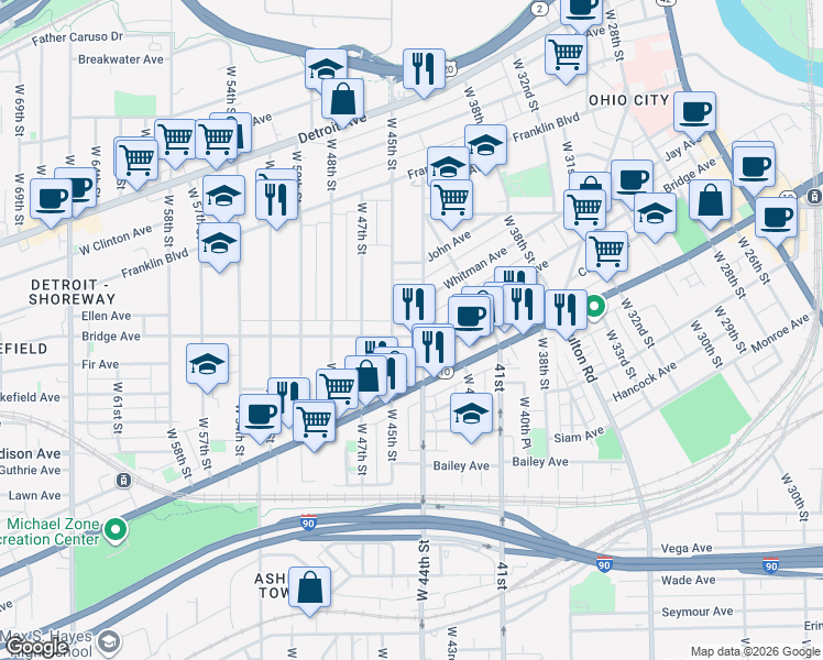 map of restaurants, bars, coffee shops, grocery stores, and more near 1938 West 44th Street in Cleveland
