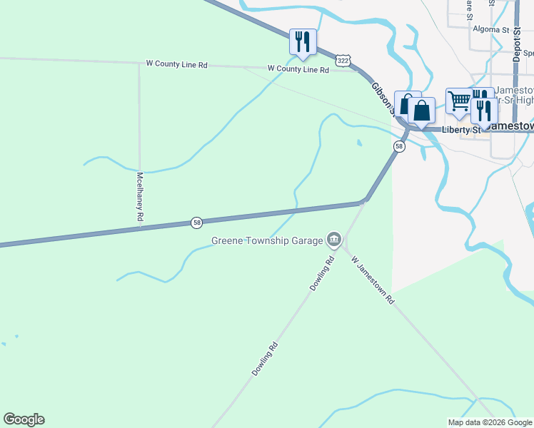 map of restaurants, bars, coffee shops, grocery stores, and more near 169 Kinsman Rd in Jamestown
