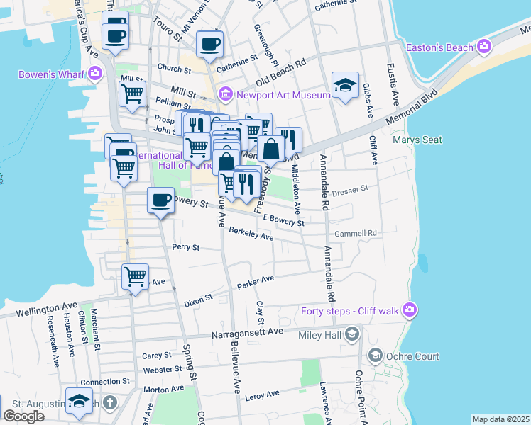 map of restaurants, bars, coffee shops, grocery stores, and more near 5 Weaver Avenue in Newport