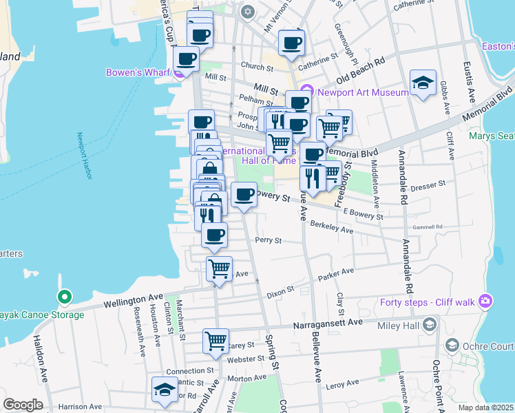map of restaurants, bars, coffee shops, grocery stores, and more near 16 Anthony Street in Newport
