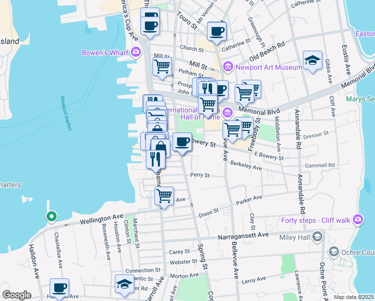 map of restaurants, bars, coffee shops, grocery stores, and more near 16 Anthony Street in Newport