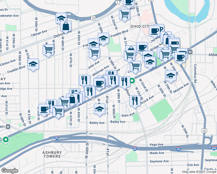 map of restaurants, bars, coffee shops, grocery stores, and more near 1943 Randall Road in Cleveland