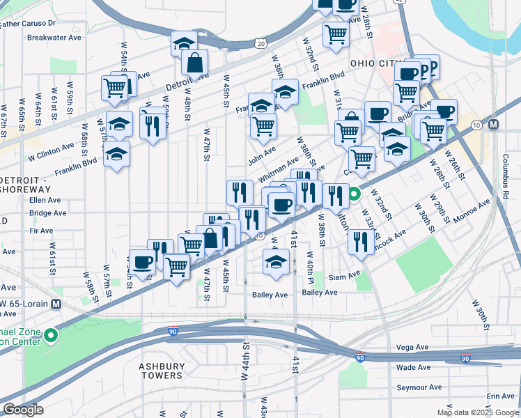 map of restaurants, bars, coffee shops, grocery stores, and more near 4217 Bridge Avenue in Cleveland